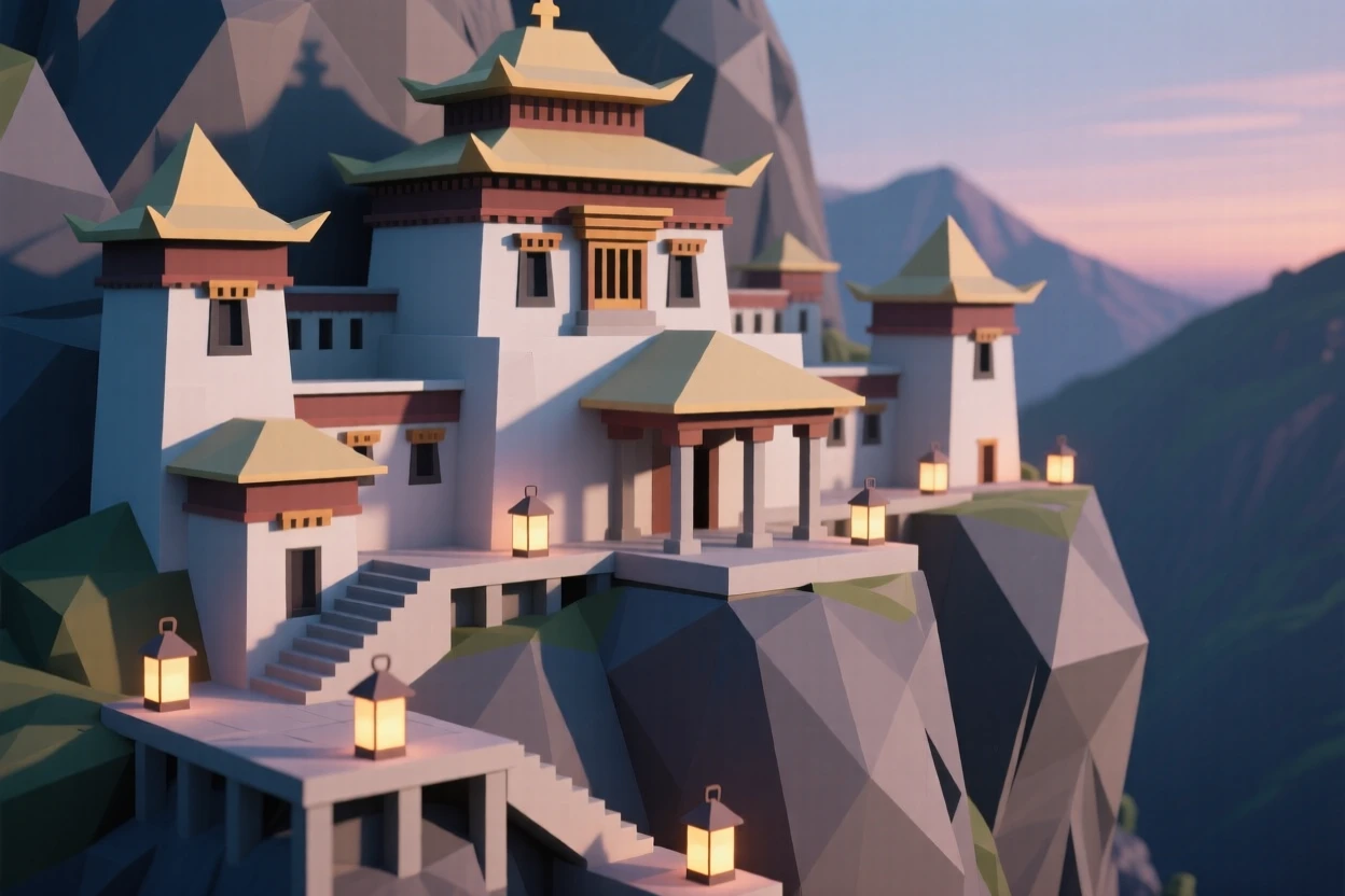 A grand mountain monastery perched on a cliffside, as lantern light flickers to life at dusk. fine architectural details are rendered with clarity. A gentle, welcoming warmth fills the air.