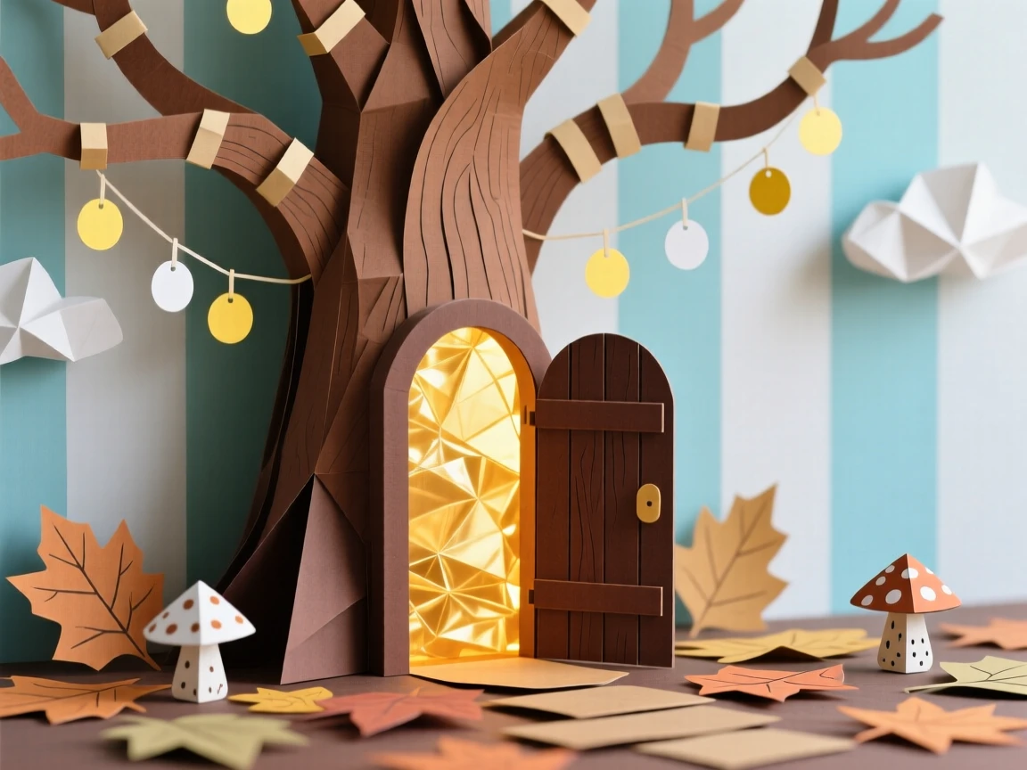 A hidden door glowing at the base of a tree illuminated by warm golden light, with tiny lights glowing from within, evoking a sense of boundless imagination.
