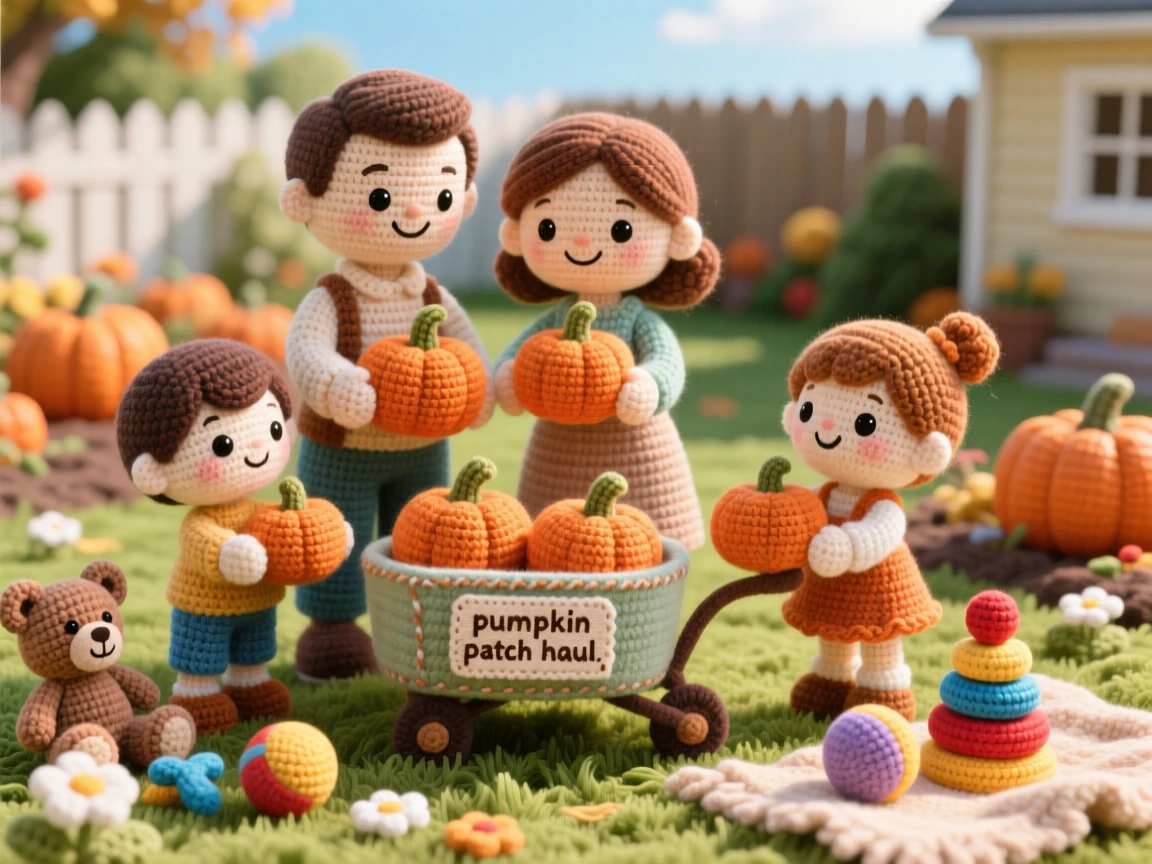 A heartwarming family moment: a family walking through a pumpkin patch together each choosing their favorite pumpkin, carrying them home in a wagon within a sunny backyard set up for togetherness; a scattering of toys tidied nearby nearby, full of deep, unconditional love and togetherness.