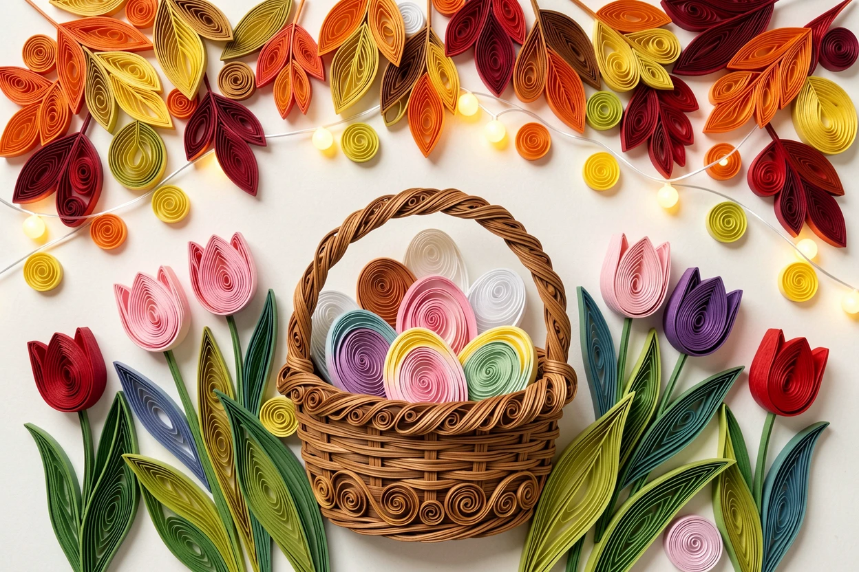 A festive holiday scene of a springtime Easter basket nestled among tulips beneath a canopy of falling autumn leaves, under the warm glow of string lights, composed with a cozy, inviting central focal point.