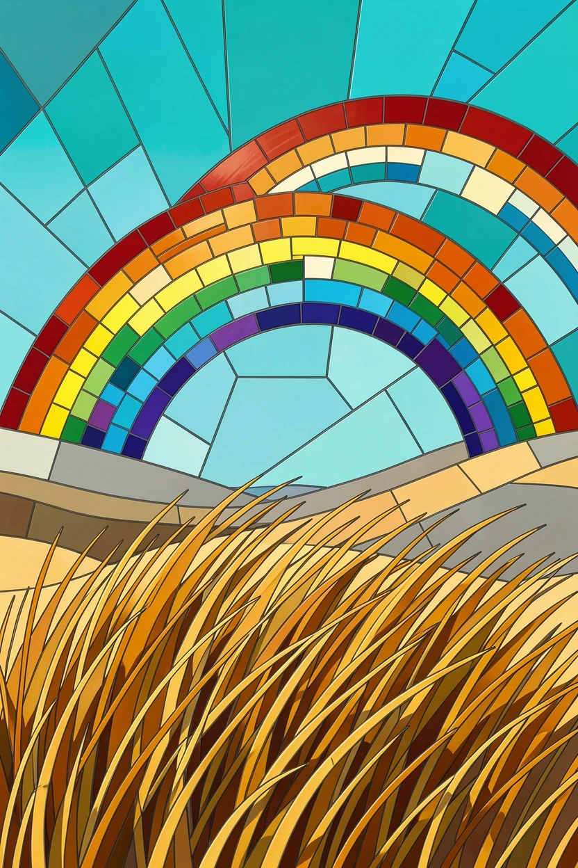 A windswept coastal dune covered in tall golden grass, illuminated by a dramatic double rainbow after rain.
