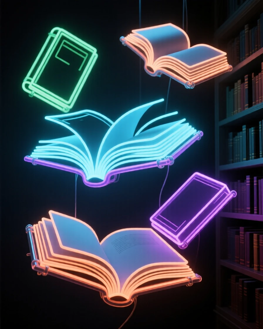 A library where books float open in midair, pages turning on their own.