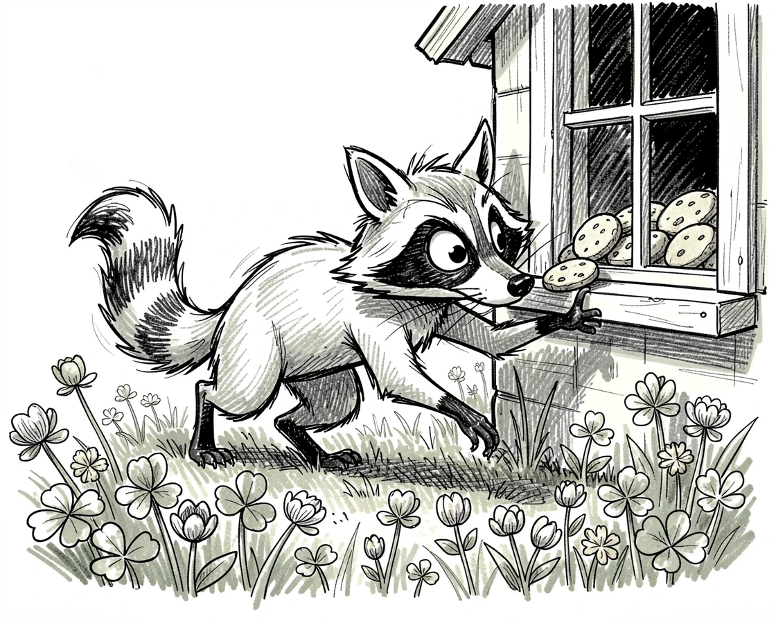 A raccoon sneaking cookies from a windowsill in a meadow full of clover.