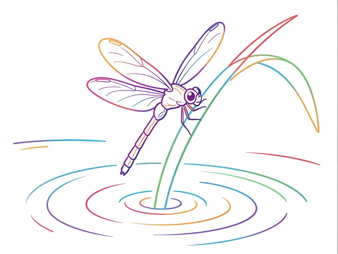 A close-up of a dragonfly resting on the tip of a reed in still water.