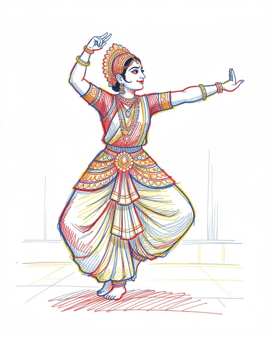 A traditional Bharatanatyam dancer captured mid-pose in ornate costume
