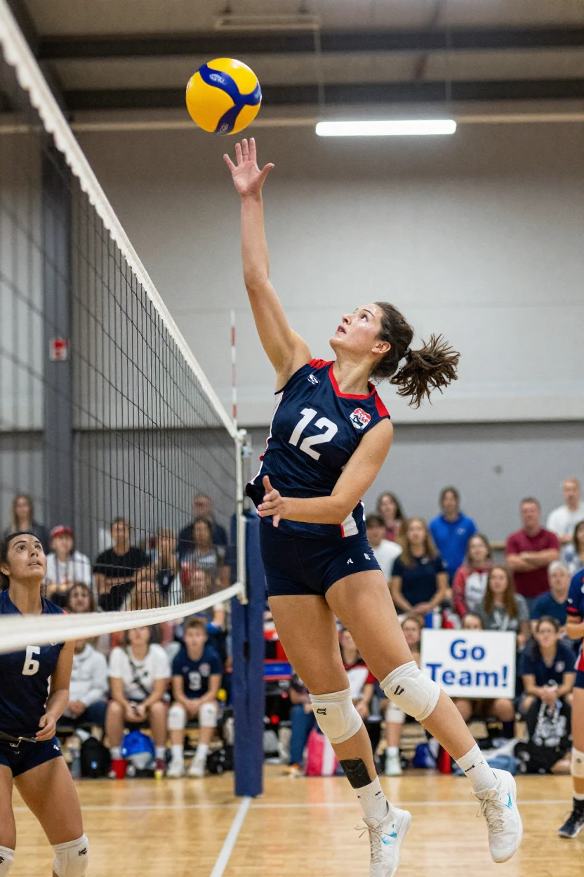 A volleyball player spiking the ball at the net