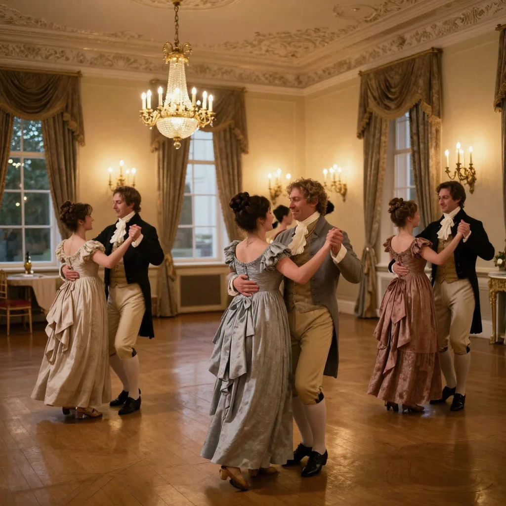 A group in Regency-era dress dances a formal quadrille in a candlelit ballroom.