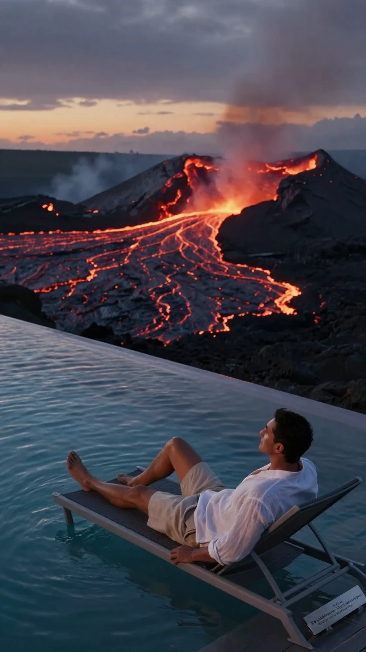 A luxury traveler relaxing beside a secluded infinity pool beside a glowing volcanic crater