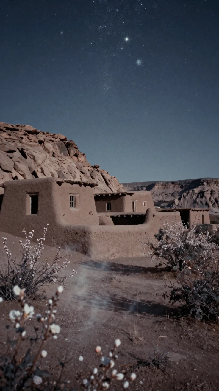 A remote adobe village built into the side of a desert canyon, under a canopy of stars, as heat shimmers over the ground, as spring blossoms unfurl, in cool blues and silvery greys, in a tight close-up.