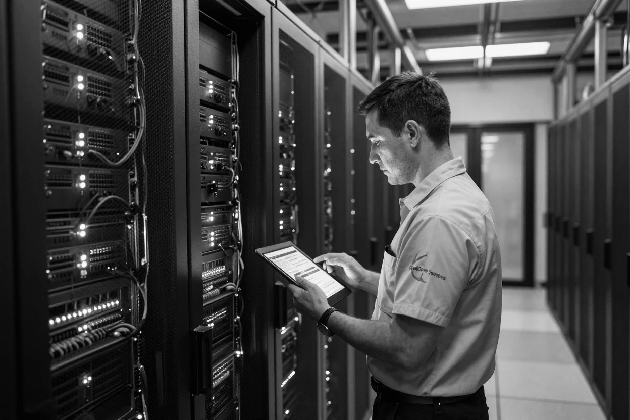 A data center technician inspects rows of humming servers among towering server racks.