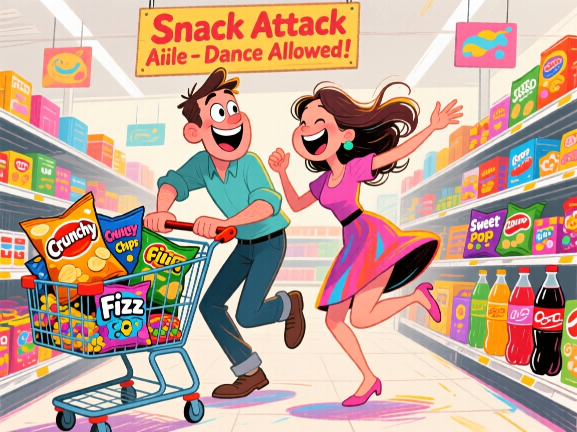 A couple doing a fun grocery store dance in the aisle, cart full of snacks.