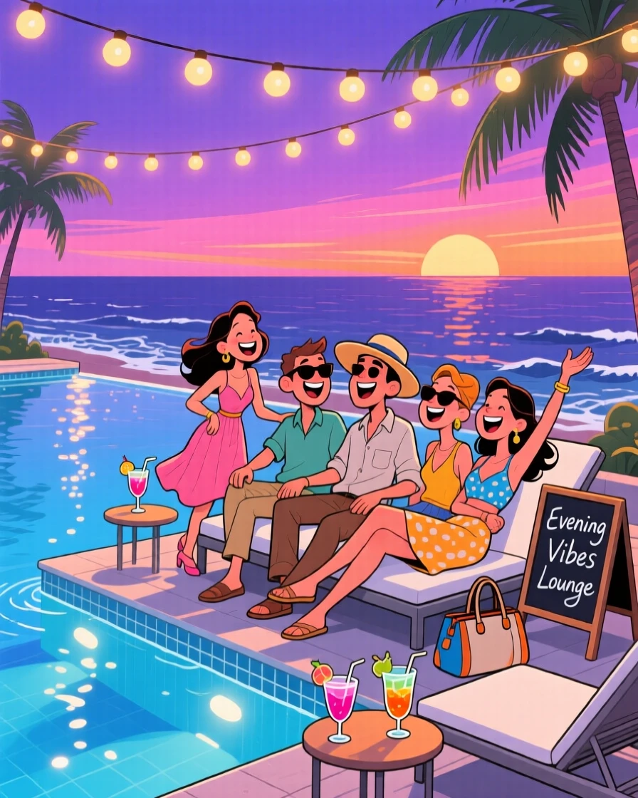 An aspirational lifestyle scene of a group of chic friends relaxing beside an infinity pool overlooking the ocean, under a canopy of string lights at dusk.