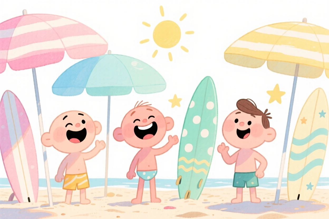 A charming seasonal scene of a summer beach day with colorful umbrellas and surfboards