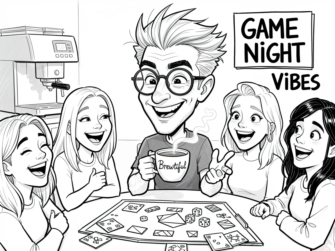 [Trending & Universal Topics] Modern lifestyle scene of a trendy coffee connoisseur hosting a lively game night with friends, capturing everyday joy