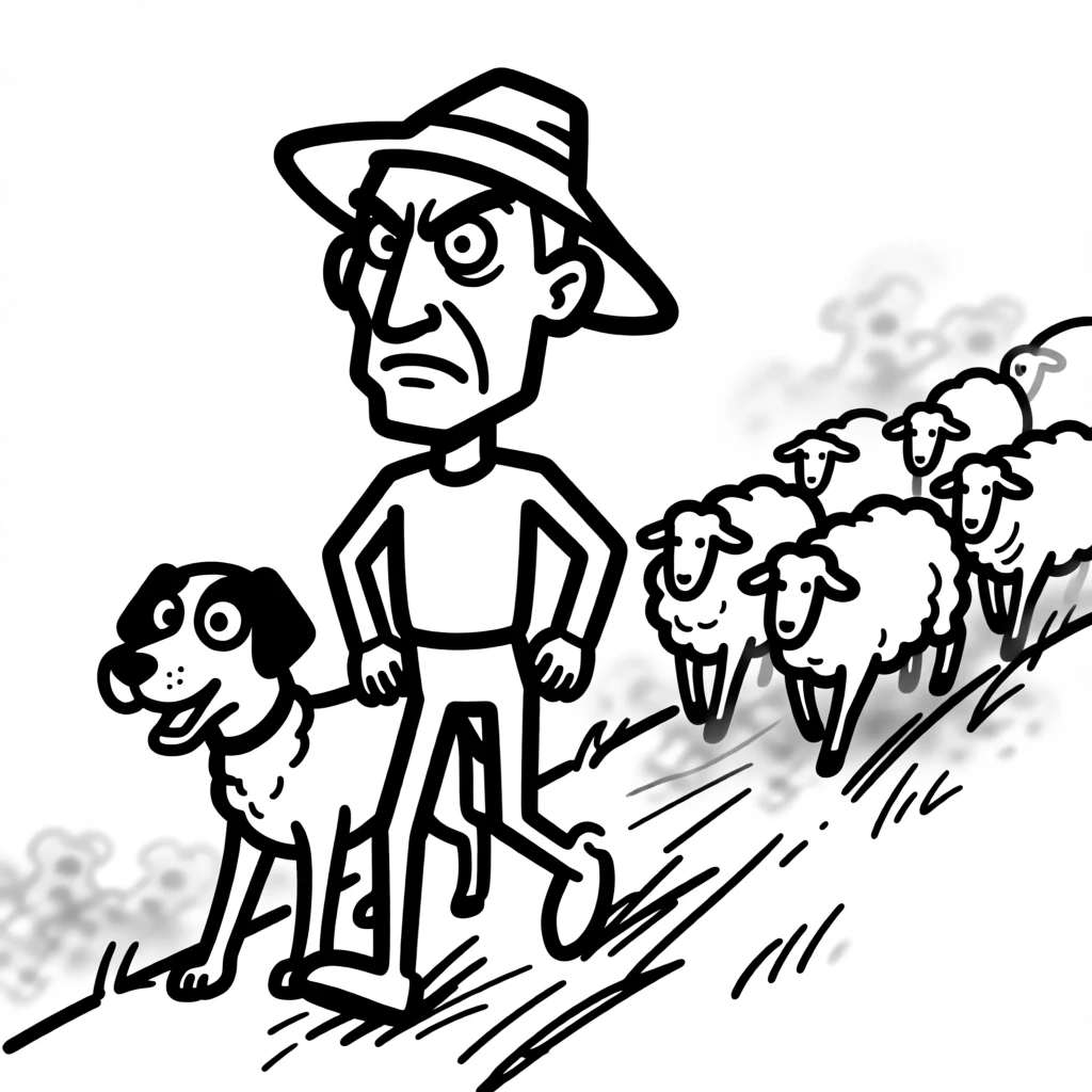 A shepherd and his loyal dog guiding a flock of sheep down a misty hillside.