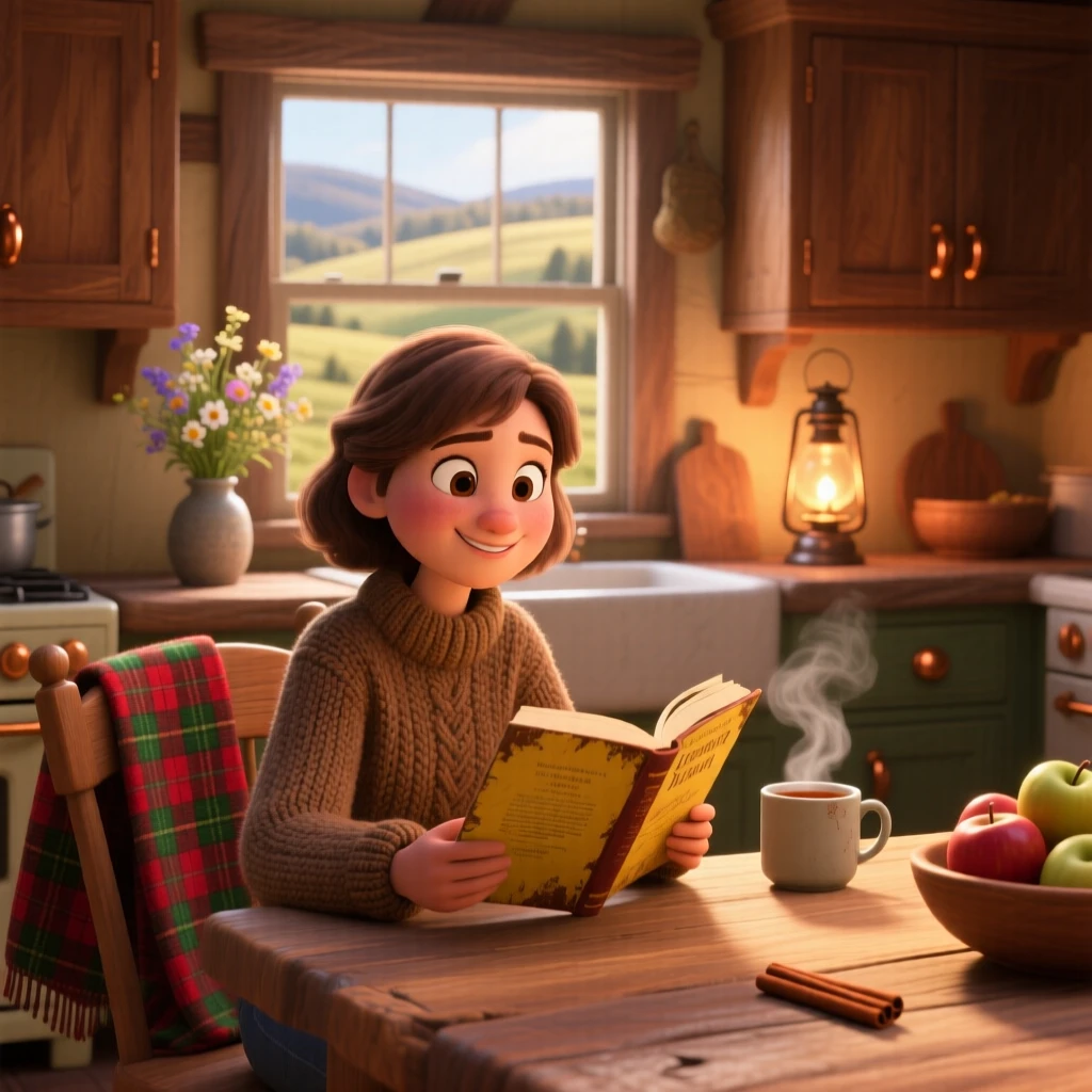 A young woman in a thick knitted sweater sits in a farmhouse kitchen filled with the smell of cinnamon, reading an old paperback novel. The mood is snug, tender, and softly domestic, with a plaid blanket draped over a chair.