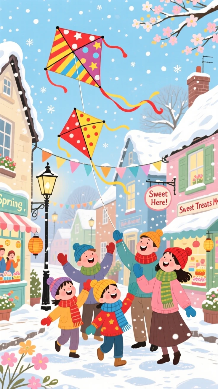 Carolers bundled in scarves spend the evening flying kites at a spring festival in a festive village street, with fresh snow blanketing the rooftops.