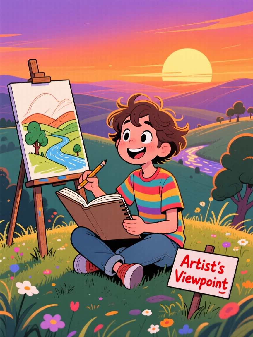 A young artist sketching the view from a hilltop at sunset.
