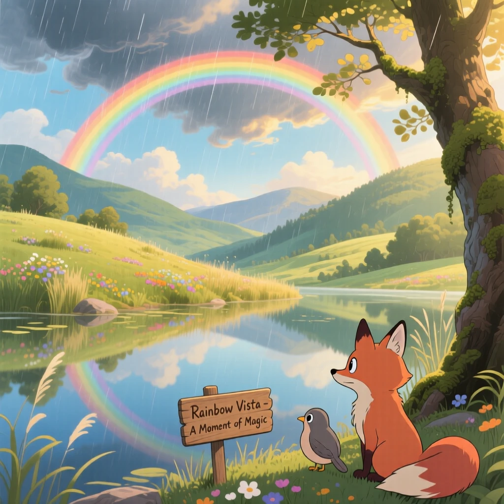 A stunning view of a rainbow stretching across a valley after a storm, reflected perfectly on a mirror-still surface below.