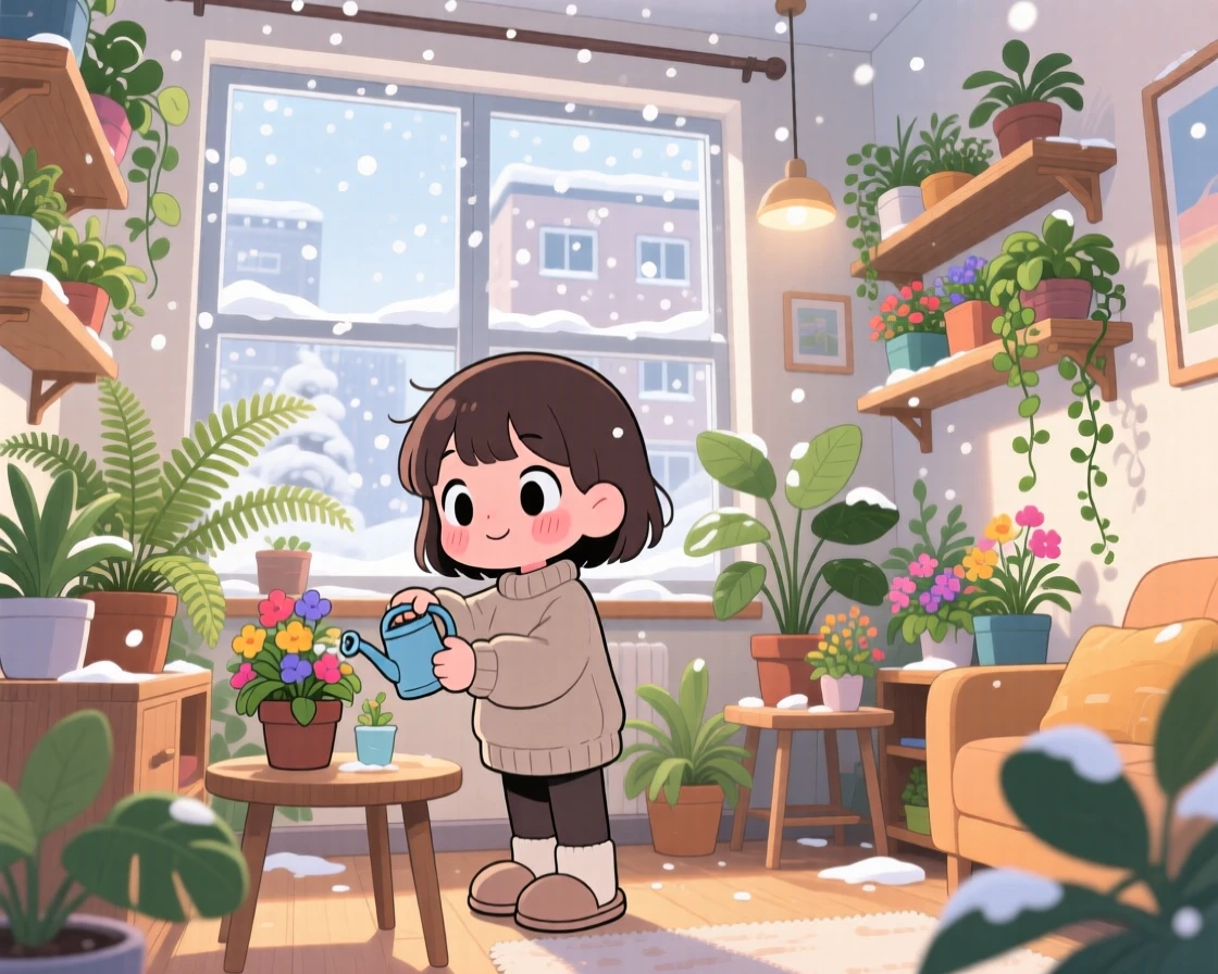 In a bright plant-filled apartment, a young girl is watering houseplants on a Sunday morning during a cozy winter snowfall, bathed in diffused overcast light, expression full of peaceful calm. Shot as a worm's-eye view.
