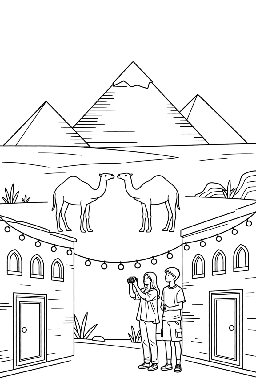 The pyramids of Giza at sunset with camels in silhouette, with string lights strung between old buildings.