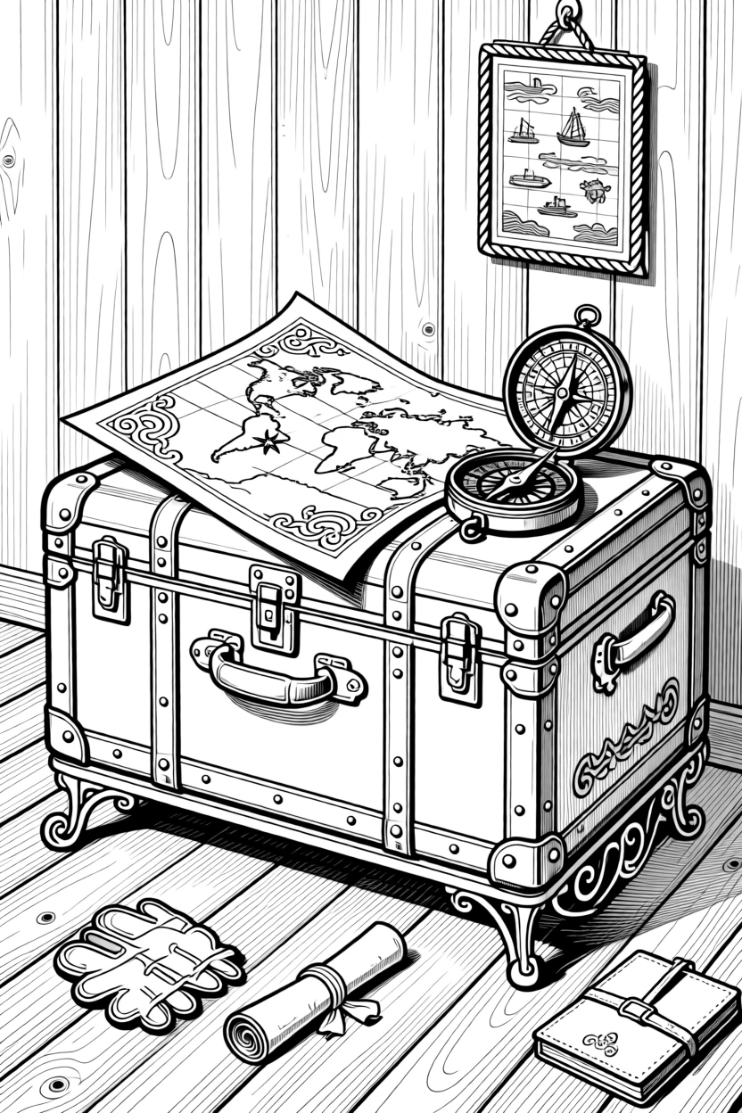 A vintage steamer trunk with a map and compass resting on top.