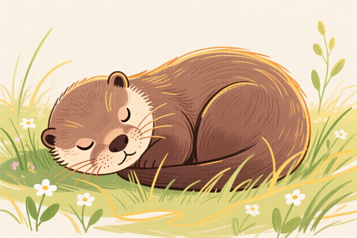 A baby otter curled up together in a sunlit meadow in early spring.