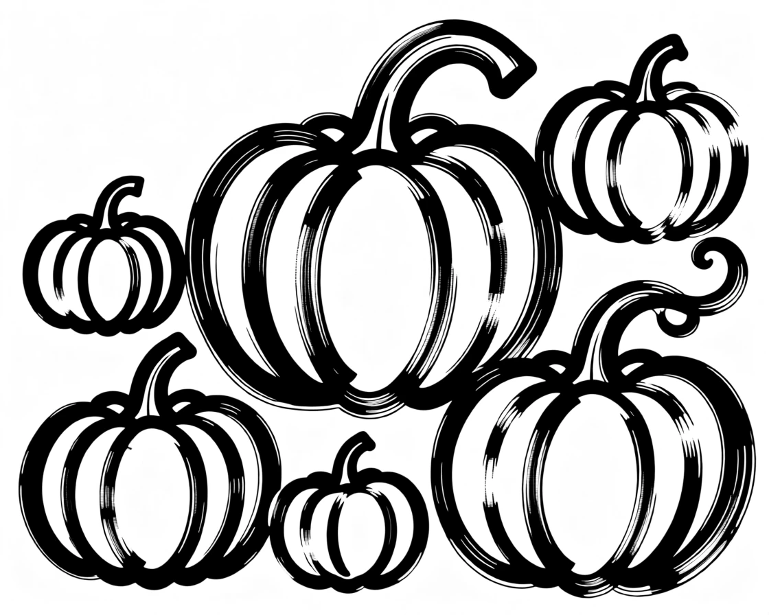 A symmetrical arrangement of autumn pumpkins in varying sizes and colors.