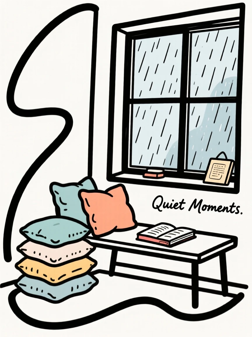 A reading nook filled with cushions beside a rain-streaked window.