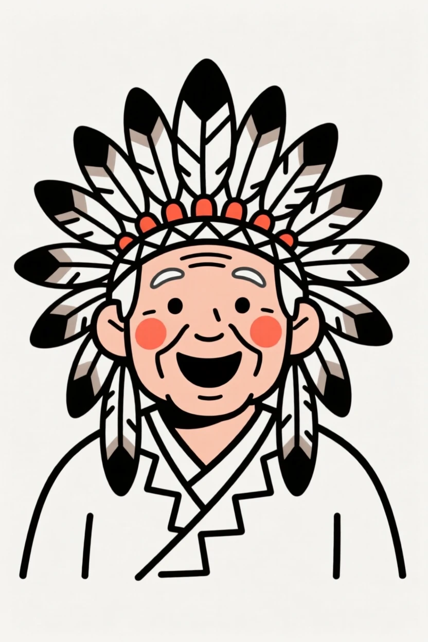 An elderly man wearing a Native American ceremonial headdress, bursting with excitement.