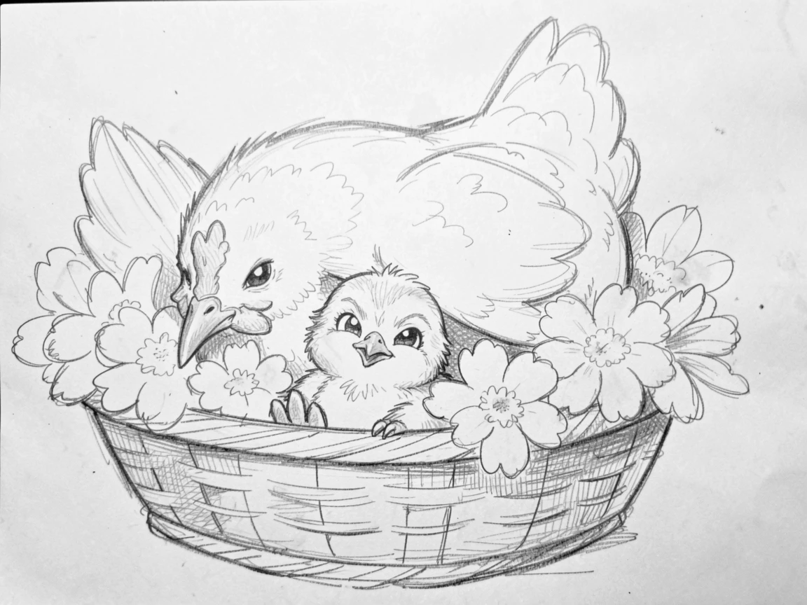 An irresistibly cute scene of a chick peeking out from beneath its mother's wing in a basket of soft flowers, with a playful, mischievous expression.
