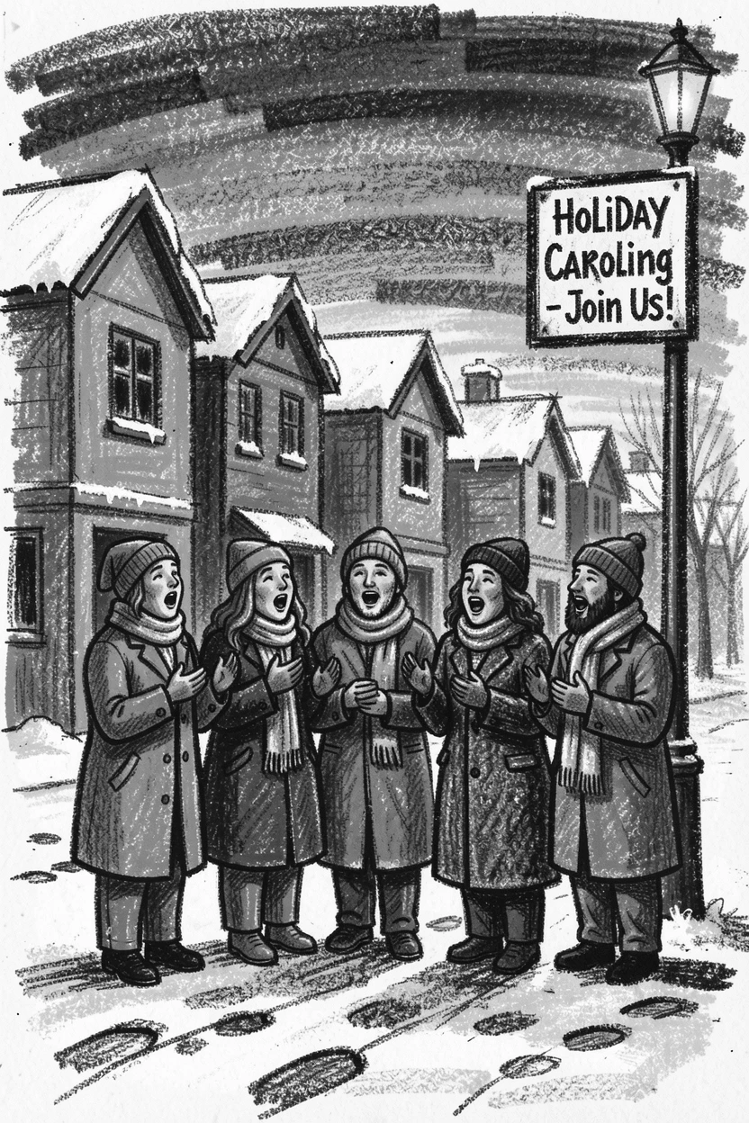 A group of carolers singing outside snow-dusted houses, beneath a sky streaked with sunset colors.