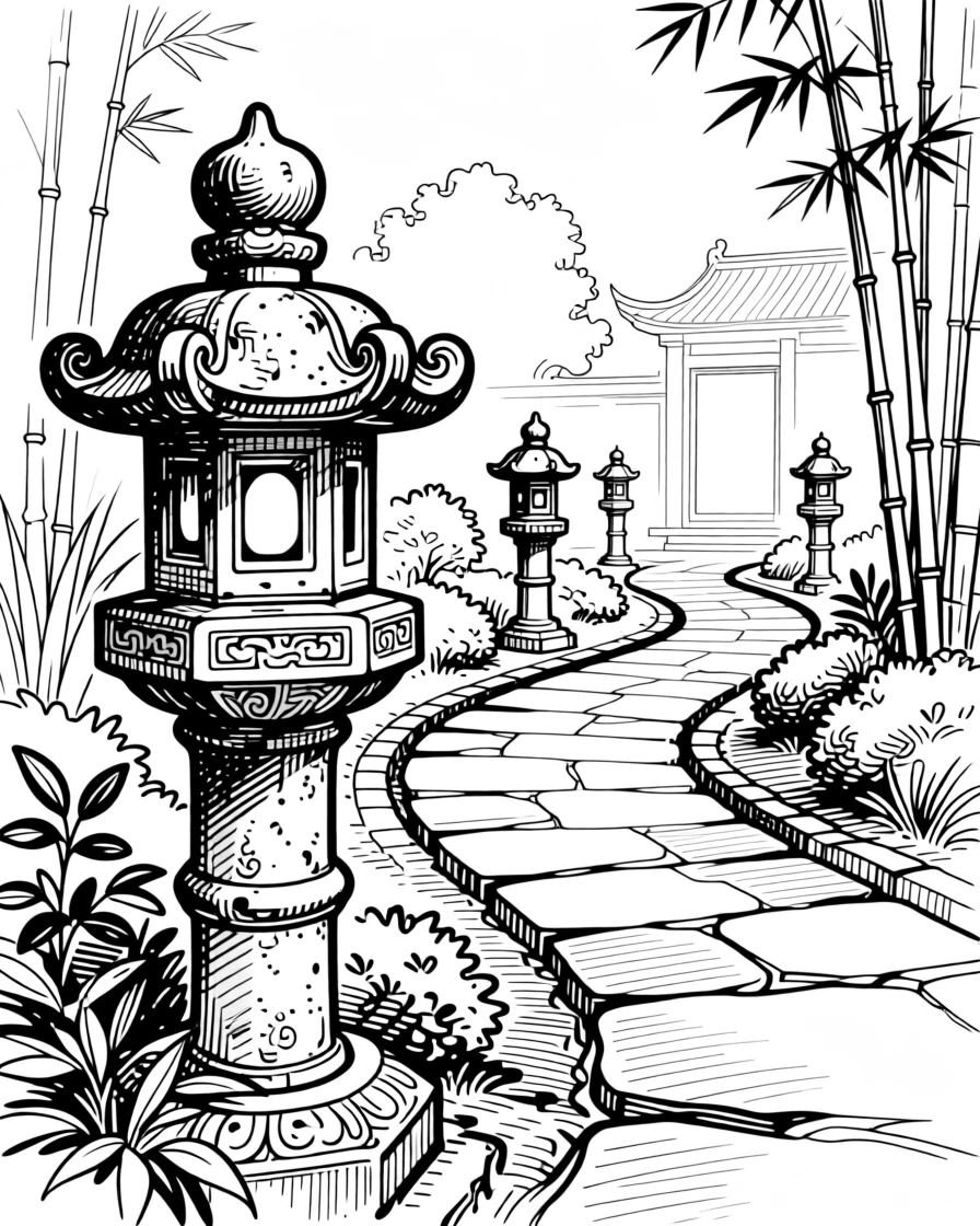A glowing pathway of stone lanterns leading through a quiet temple garden.