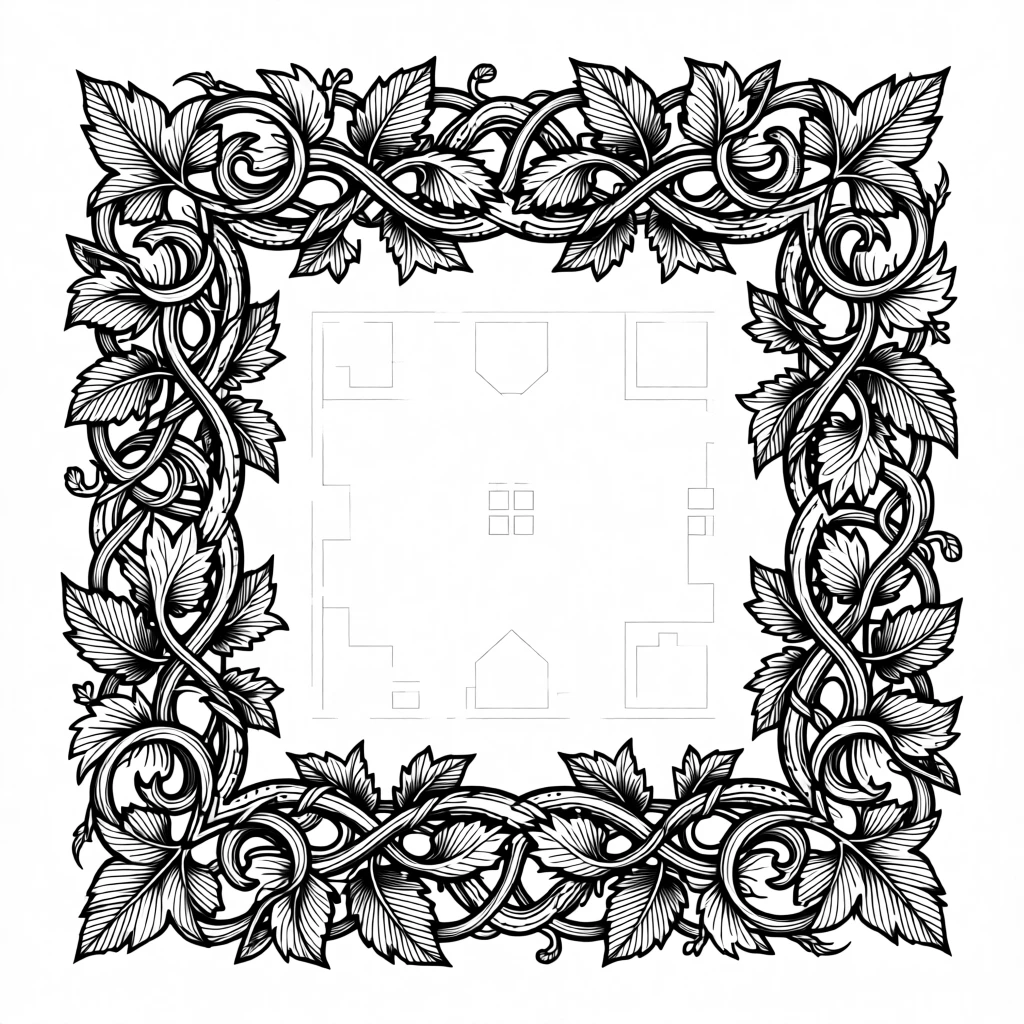 A decorative border of intertwining vines and leaves centered as a striking focal ornament, with layered textures adding depth to the design, forming a luxuriously detailed decorative composition.