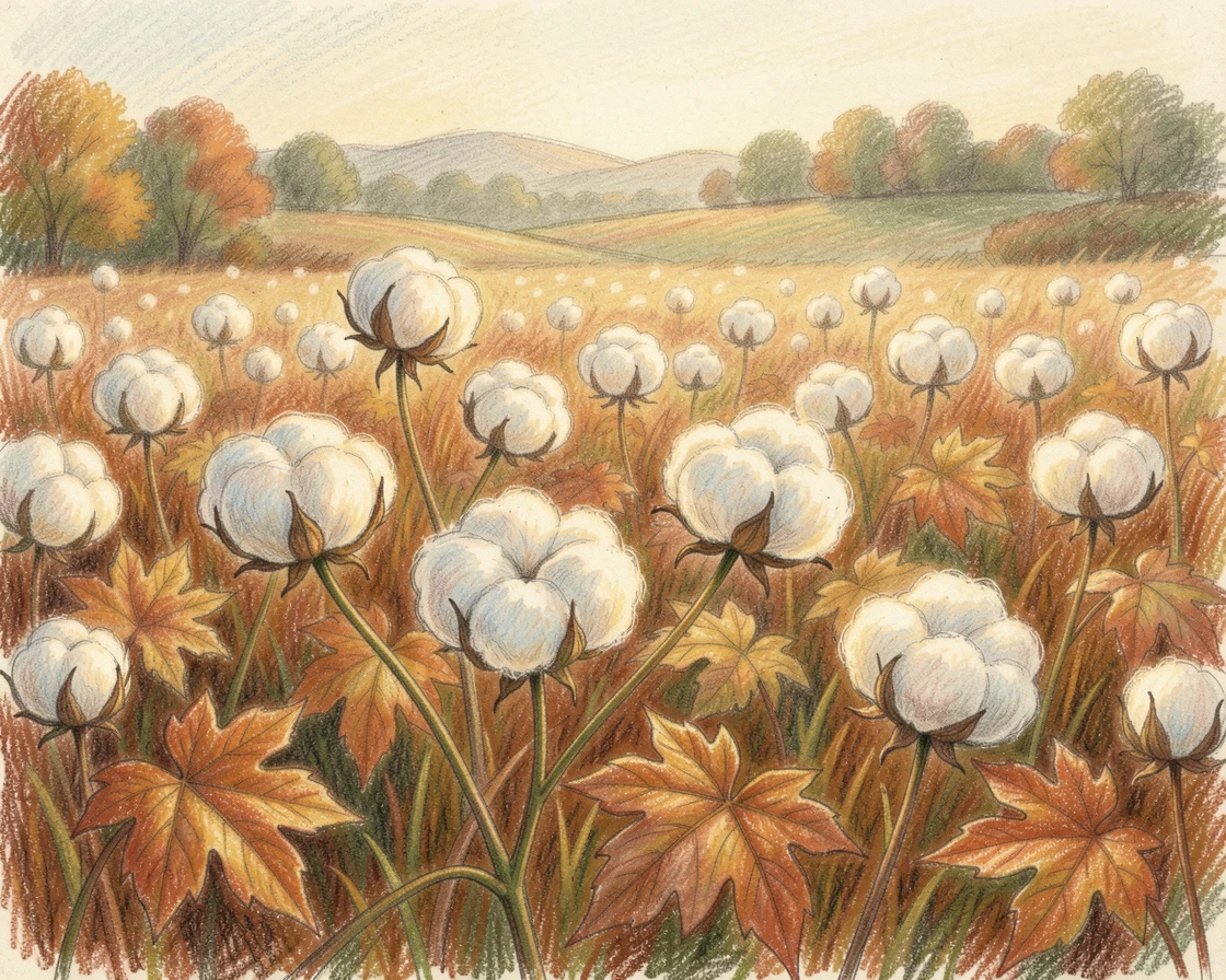 A pastoral field of cotton glowing white beneath autumn light, bathed in the warm glow of golden-hour light, designed to feel inviting, memorable, and shareable.