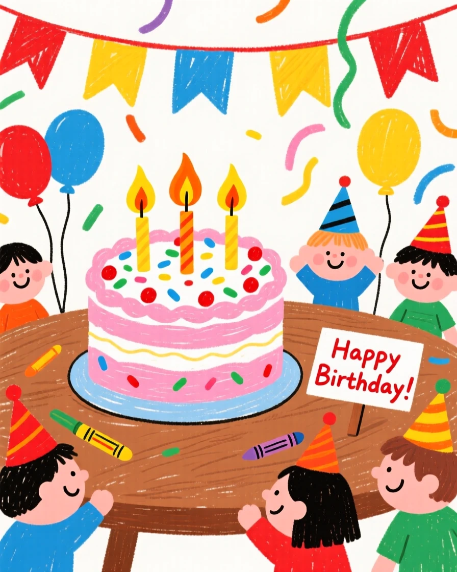 A birthday cake with lit candles displayed at the center of a festive gathering.