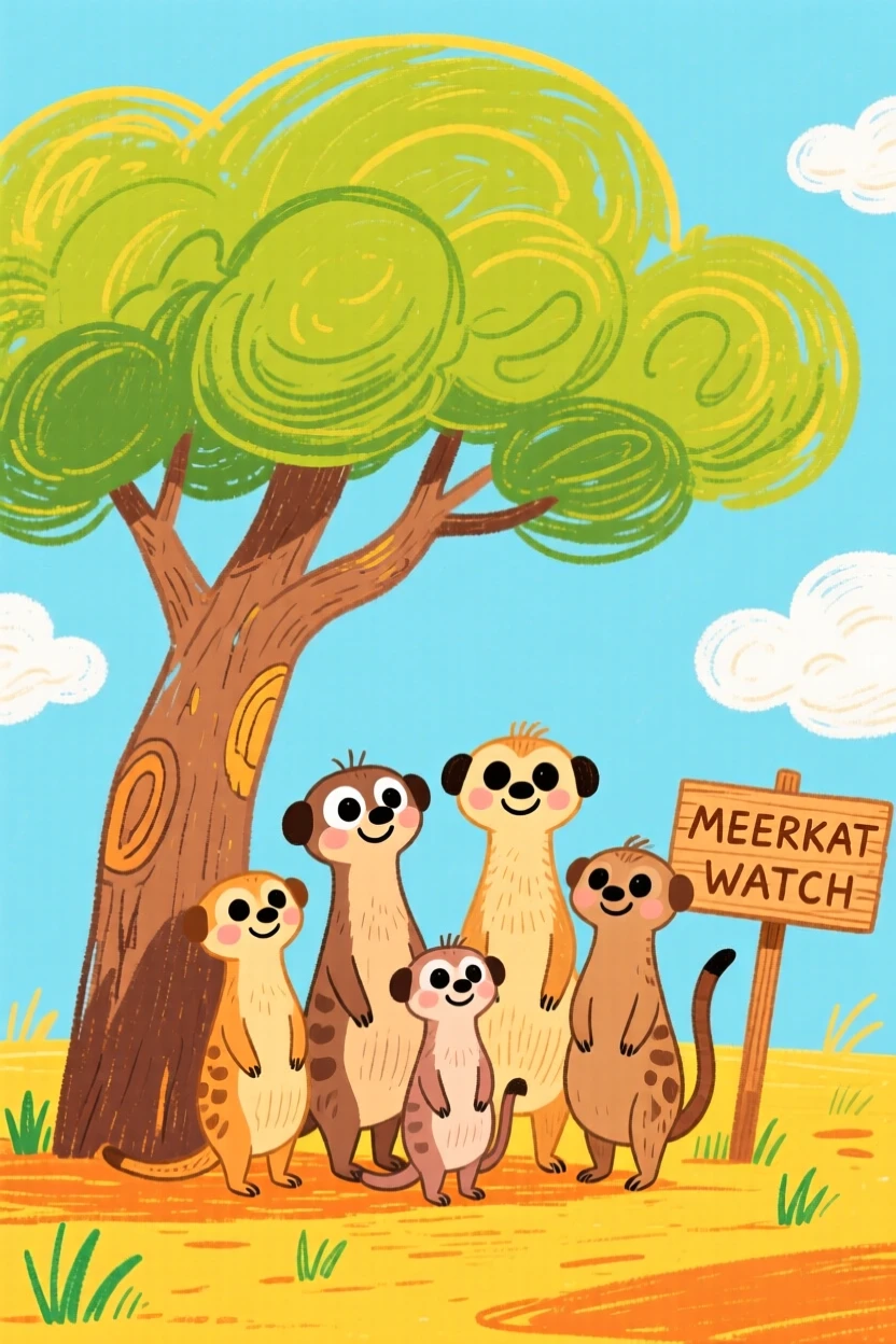 A family of meerkats standing watch under a wide acacia tree.