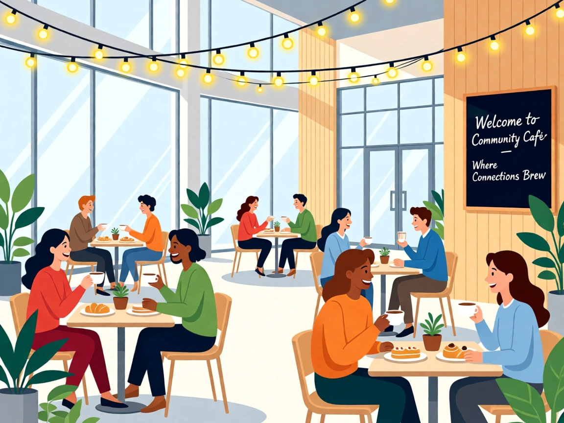 A stylish café terrace decorated with hanging string lights, set within a bright, stylish contemporary space, composed with a joyful, community-driven atmosphere, with a sense of community and connection in every detail.