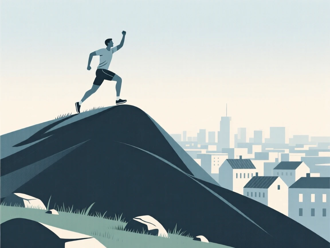 A runner reaching the top of a steep hill with the city spread below.