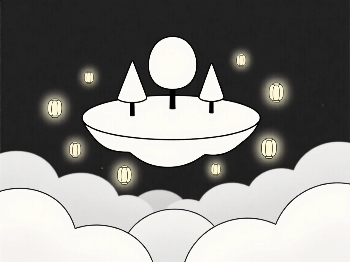 A floating island covered in trees floating above a world made entirely of clouds, surrounded by floating lanterns, radiating whimsical fantasy.