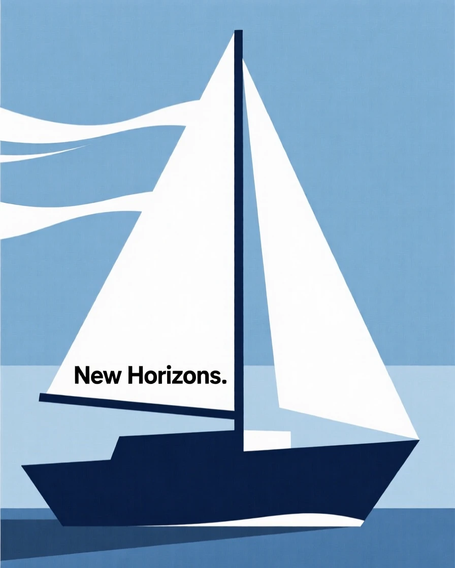 A ship's sail catching strong wind toward new horizons