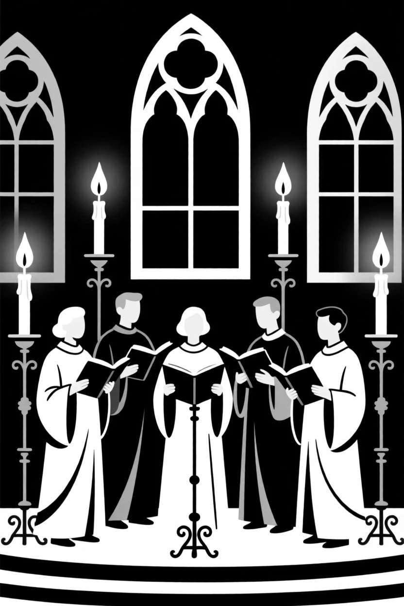 A choir singing together in a candlelit church.