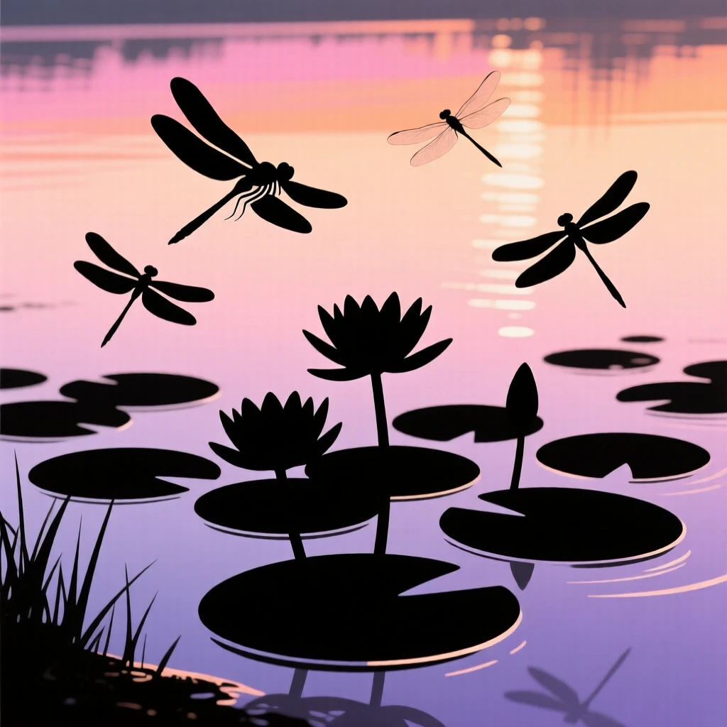A quiet pond edge where dragonflies hover above blooming lily pads.