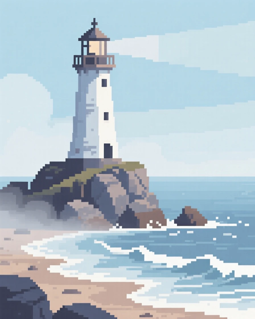 A lighthouse on a rocky point wrapped in a light morning mist, along a coastline where waves gently break.