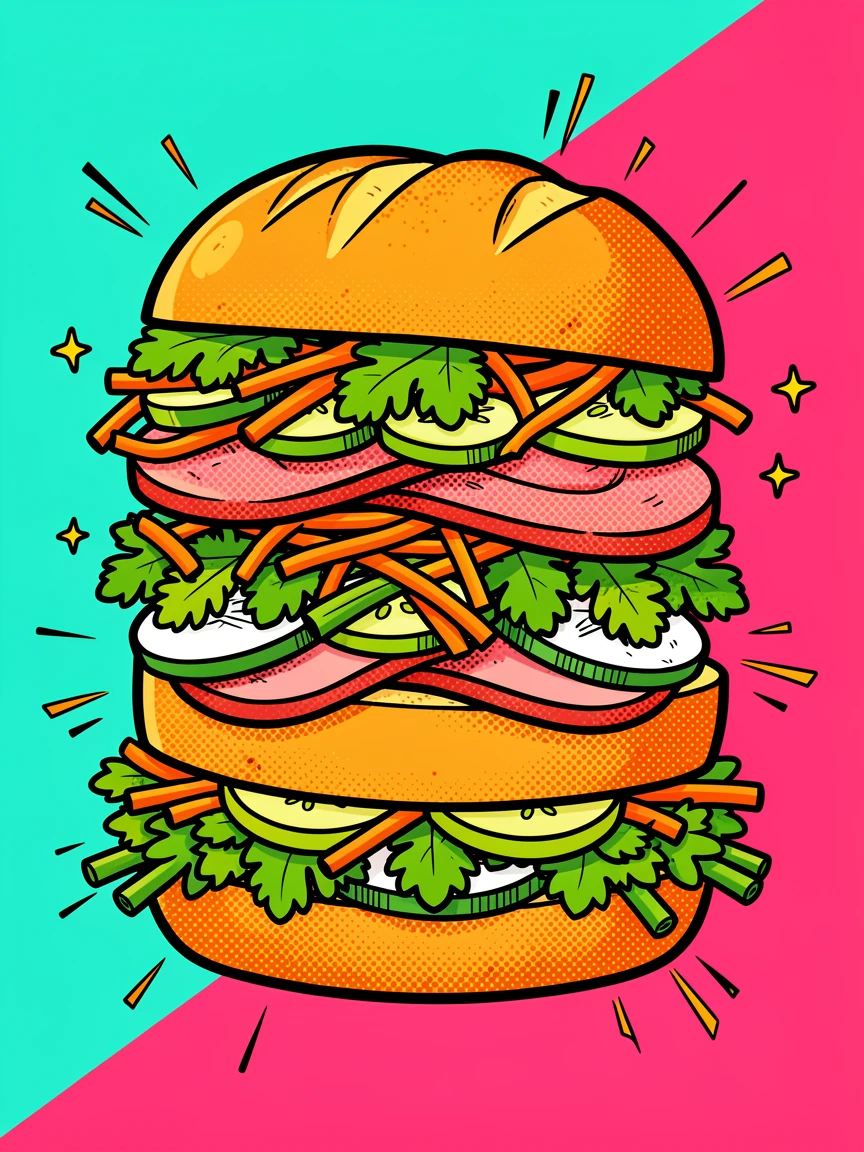 A Vietnamese banh mi sandwich stacked with fresh herbs