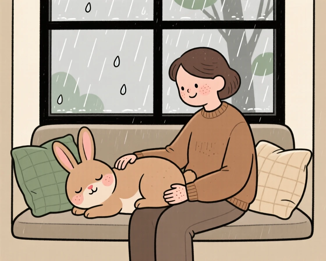 A gentle rabbit rests its head on its owner's lap during a quiet rainy morning on the window seat, both perfectly content.
