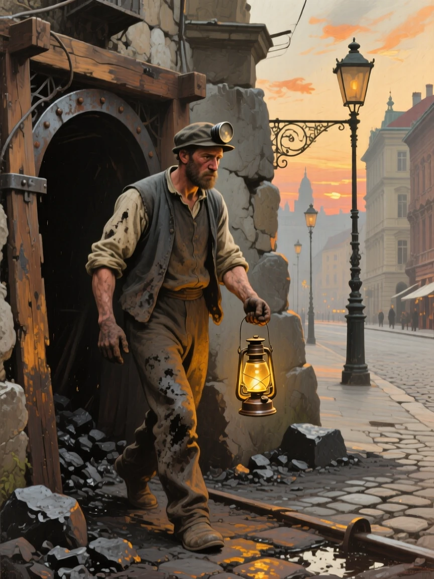 A well-framed scene of a coal miner emerging from a mine shaft, lamp in hand, in old Vienna, in late afternoon.