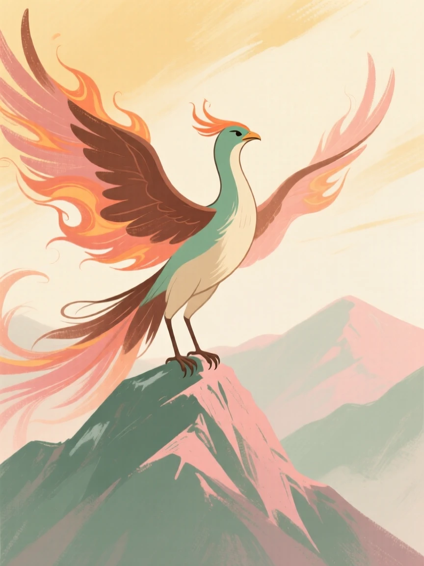 A phoenix rising with wings of fire above a mountain peak