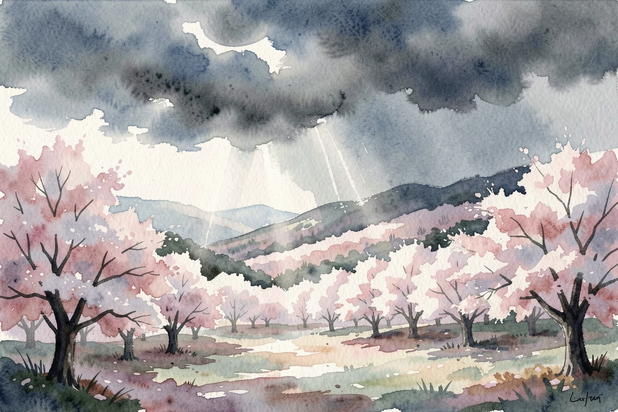 A cherry blossom valley as storm clouds gather.