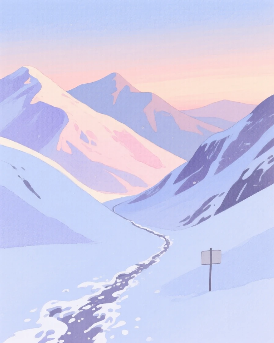 A serene view of a snowy mountain pass, as the last light of day fades softly, evoking calm and quiet reflection